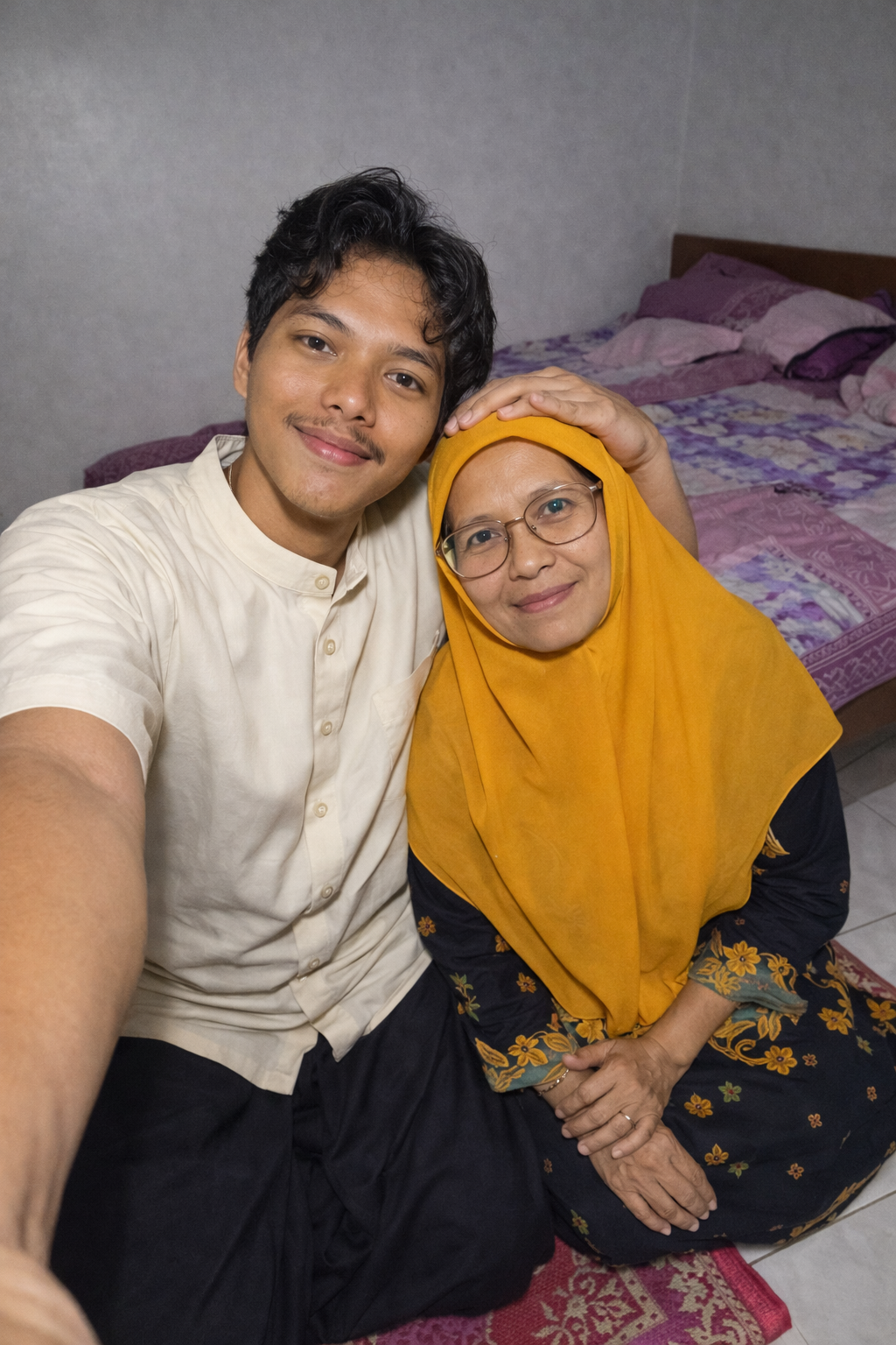 High-Angle Ultra-Wide Bedroom Selfie on Prayer Mat with Cozy Flash Lighting