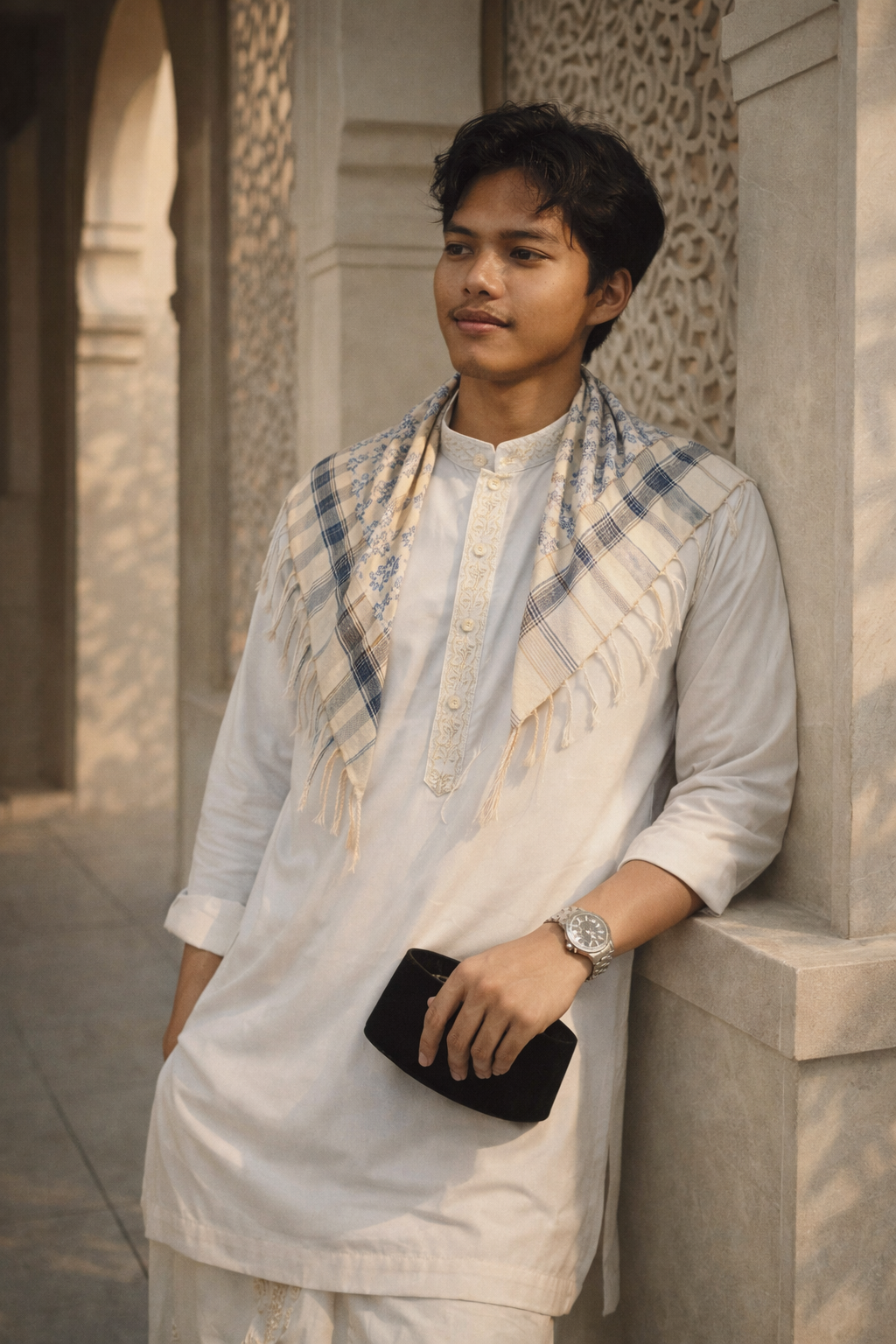 Cinematic Islamic Portrait at the Mosque in Warm Golden Light