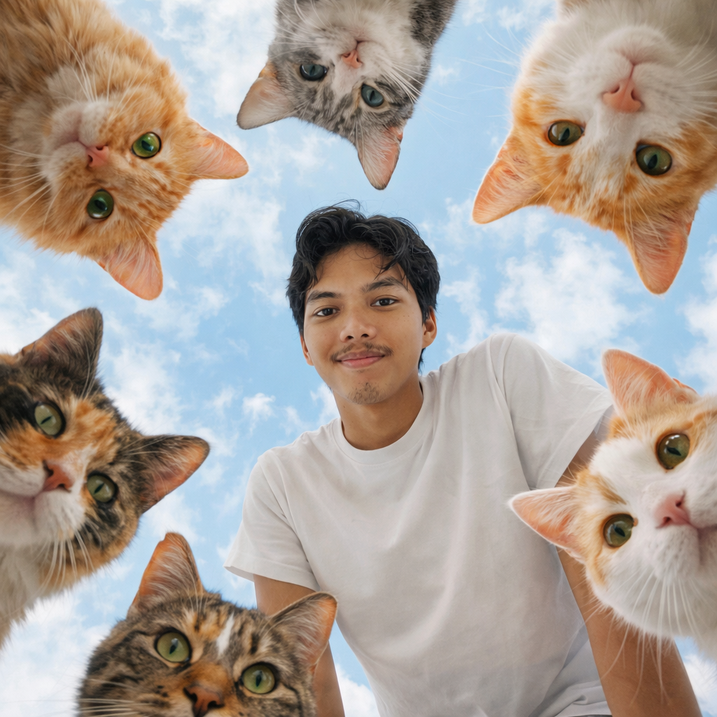 Playful Skyward Circle – Cats & Human Perspective Shot